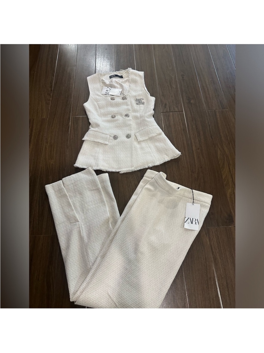 ZARA Cream Tweed Sleeveless Blazer & Trousers Set